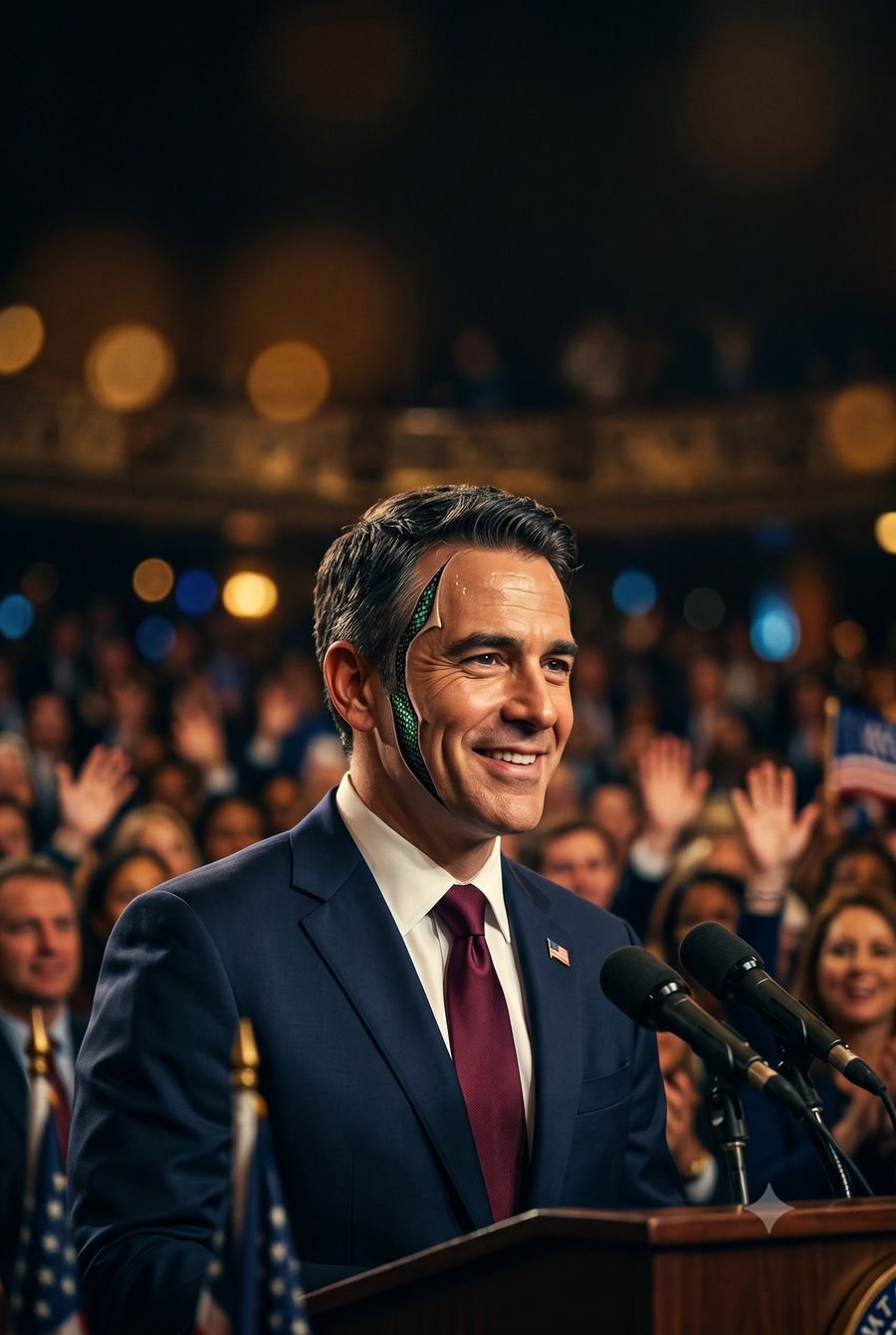 Concept cover for The Ones Who Wear Us: a smiling politician at a rally, a seam of scaled skin visible along his temple